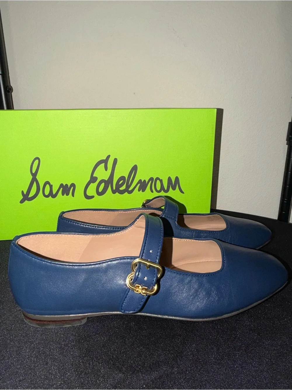 Sam Edelman “Michaela” Blue Leather Mary Jane Flats with Gold Buckle